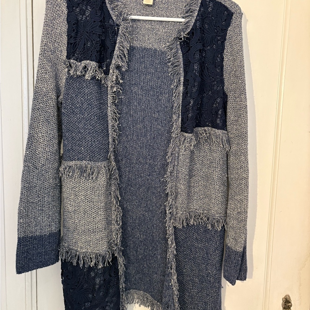 Chico's Women's Patchwork Cardigan - Navy and white
